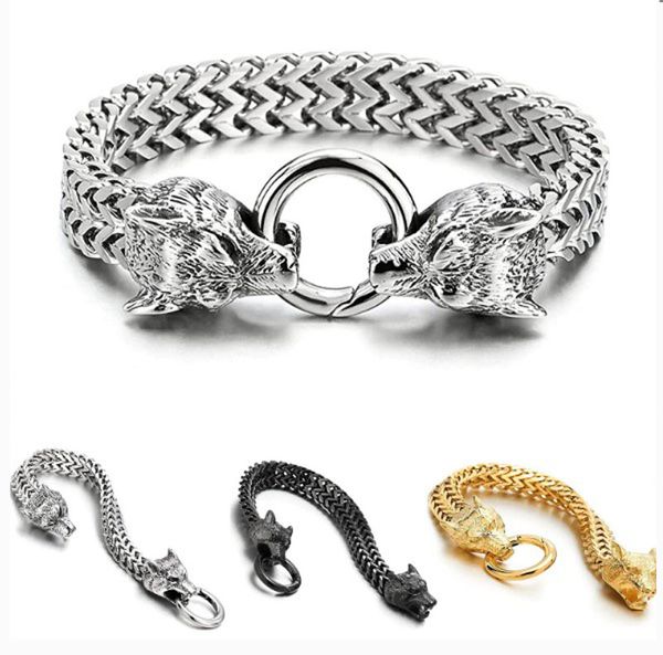 Norse Men Acier Inoxydable King Link Chain Viking Wolf Head Bracelet 19 21cm