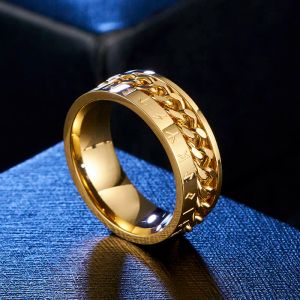 Bague rotative pour hommes, symbole Viking nordique, 14 or/noir, lien cubain, bande de 9mm, bijoux de mariage