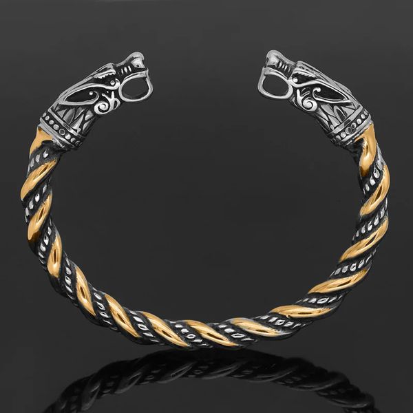 Pulsera de cabeza de lobo vikingo nórdico abertura de acero inoxidable de acero inoxidable brazalete ajustable brazalete de serpiente para hombres joyas de moda al por mayor 240423