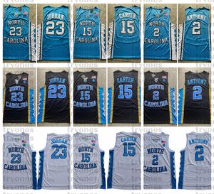 Heren North Carolina Tar Heels College Basketbal Jersey 15 Vince Carter 23 Michael Jodan 2 Cole Anthony Blauw Zwart Shirts Gestikt