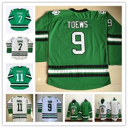 North Dakota Fighting Sioux College Jerseys Hockey 7 TJ Oshie 9 Jonathan Toews 11 Zach Parise Blank Groen Wit Universiteit Retro Gestikt