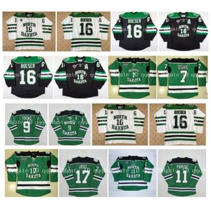 Camisetas de lucha de Dakota del Norte Sioux 11 Zach Parise 9 Jonathan Toews 16 Brock Boeser 7 T.j.Oshie 17 Tyson Jost camiseta de hockey verde y blanca rara