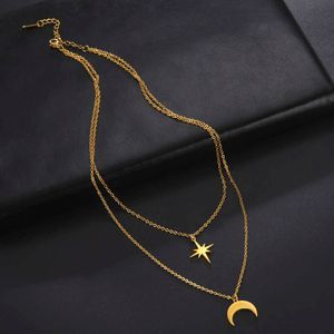 North Star Moon hanger ketting voor vrouwen roestvrijstalen kettingen choker dubbele laag sieraden sleutelbeen kettingcadeau