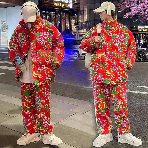 Traje de chaqueta de flores grandes del noreste, chaqueta de algodón grande engrosada de invierno para hombres, amantes de la chaqueta de algodón de peonía China-Chic, pantalones de algodón, chaqueta de plumón