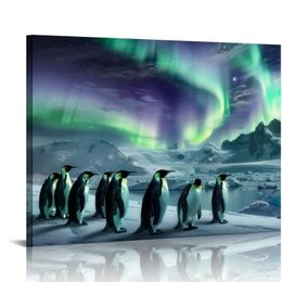 Northern Canvas Print Penguins on iceberg Paysage Picture Aurora Borealis Wall Art For Living Room Home Decoration encadrée