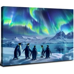 Northern Lights Canvas Print Penguins on iceberg Paysage Picture Aurora Borealis Wall Art For Living Room Home Decoration encadrée
