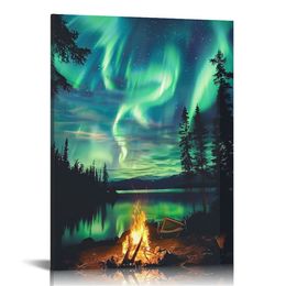 Northern Lights Canvas Wall Art Aurora Borealis Picture Print Forest Campfires Landscape for Home Decor Frame