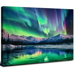 Northern Lights Canvas Wall Art Aurora Borealis Snow Mountain Pine Trees Lake Pictures Imprimer Nature Landscape Decor Cadre (Northern Lights -)