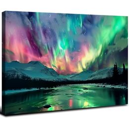 Northern Lights Art mural coloré Aurora Borealis Forest Mountain Canvas Imprimés Nature Paysage Home Decor Framed