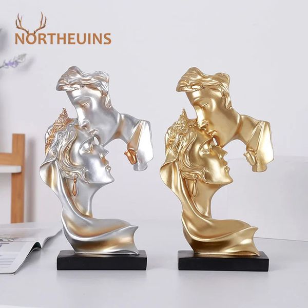 NORTHEUINS 26cm Résine Couple Masque Kissing Lover Figurines Creative Valentines Day Present Bureau Art Statue Home Decor OBJECTS 240416