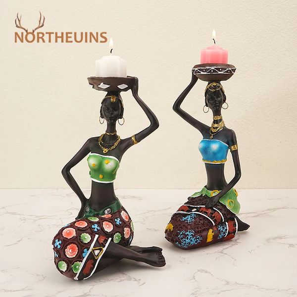 NORTHEUINS Résine Noir Femme Chandelier Figurines Africain Exotique Décoration Bougeoir Statue Table À Manger Dessus Décor Objets 240304