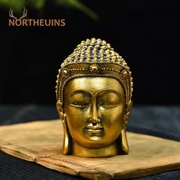 NORTHEUINS Résine Créative Asie du Sud-Est Antique Tête de Bouddha Statues Figurines Miniatures Dorées Zen Maison Objets de Décoration Intérieure 240318