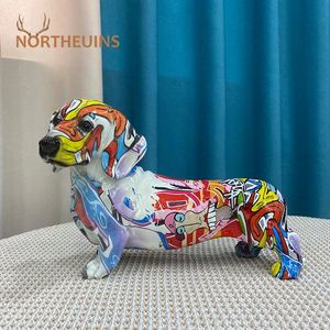 NorthEUins Resin Dachshund Dog Painted Graffiti Art Figurines for Interior Collection item Home Living Room Desktop Decor Object 240416