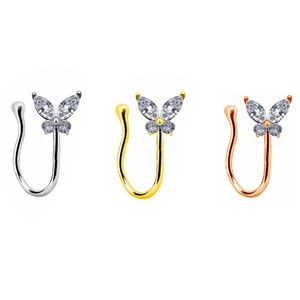 Pinces-nez Anneaux Goujons Cerceaux pour femmes Non-Piercing avec Diamant Papillon Corps Jewlery U Forme Acier Inoxydable Or Couleur En Gros 2023 Nouveau