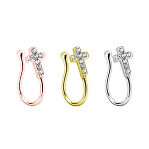 Pinces-nez Anneaux Goujons Cerceaux pour Femmes Non-Piercing Croix Zircon Cristal Corps Jewlery U Forme En Acier Inoxydable Or Couleur En Gros 2023 Nouveau