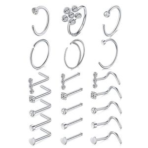 Anneaux de nez cerceau L forme goujons en acier inoxydable vis os plat haut diamant opale coeur haute narine Piercing bijoux pour femmes hommes