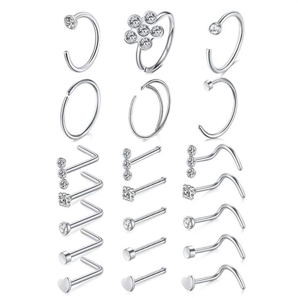 Anneaux de nez Hoop L Forme Goujons Vis en acier inoxydable Os Plat Top Diamant Opale Coeur Haute Nostril Piercing Bijoux pour Femmes Men212f