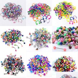 Anneaux de nez Goujons 10Pcs / Set Couleur Mélange Mode Corps Piercing Bijoux Acrylique Acier Inoxydable Barre À Sourcils Lèvre Nez Barbell Anneau Nav Dhiht