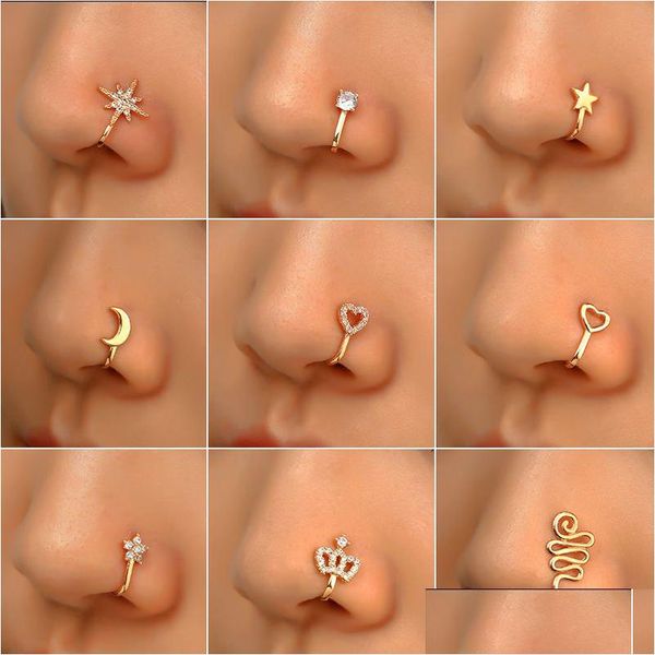 Nez Anneaux Goujons 16 Styles Petit Cuivre Faux Pour Les Femmes Non Piercing Plaqué Or Clip Sur La Manchette Goujon Filles Mode Fête Bijoux Drop D Dhf0M