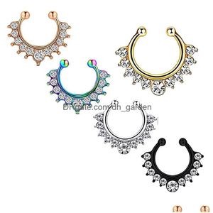 Neusringen Studs 16G roestvrij staal ingelegde CZ faux piercing sieraden nepring veerclip op cirkelhoepel geen doorboord septu dhgarden dhgjw