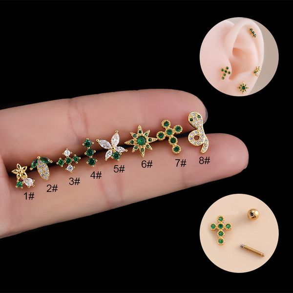 Anillos de nariz Studs 1 unid verde CZ Stud Pendiente para mujeres Pendientes Moda 20G Acero inoxidable Mariposa Serpiente Cruz Oreja Tornillo Piercing Joyería 230325