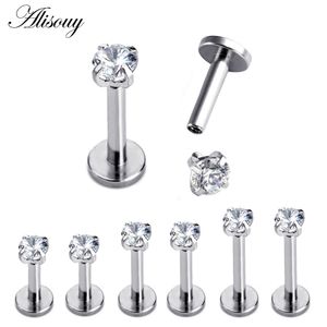 Neusringen Studs 1 pc Silver Color Labret Lip Ring Zirkoon geanodiseerd Intern schroefdraads Prong Monroe 16G Tragus Helix Ear Piercing Earring Women 230325