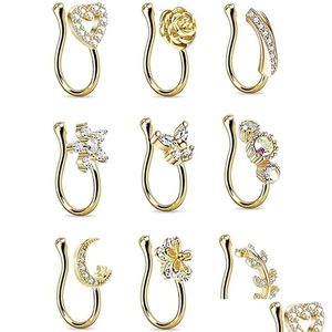 Stumes de nez 9pcs / set Crystal papillon fausse bague non perçante Clip sur Indianstyle Heart Cuff Nariz Jewelry 220224 Drop délivre DHZ3D