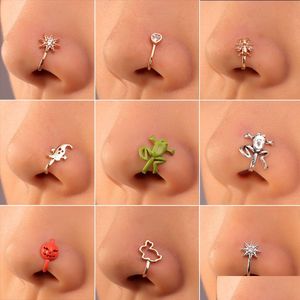 Anneaux de nez Studs Clips Hoops pour femmes Body non-perçant Jewlery Copper Color Love Heart Star Animal Rabbit Wholesale 2023 Dro Dhwlz