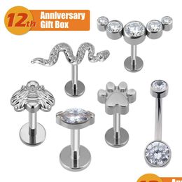 Neuspiercings Studs Combinatie 6Pcs Astm F136 Implantaat Grade 16G Snake Paw Print Bee Marquise Cz Labrets 14G Navel Belly Button Ring Dr Dh2Nd