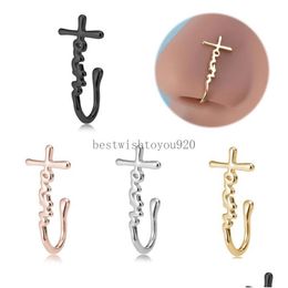 Anneaux de nez Studs Faith Cross Clip sur non perçant nariz manchette d'oreille faux cuivre pour femmes hommes bijoux punk bijoux drop livraison otmno