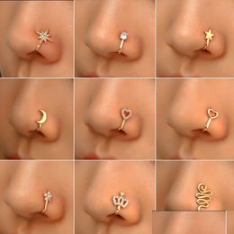 Anillos de nariz Studs Anillo de moda Charm Crystal Butterfly Pentagram Mujeres Fake Piercing Clip en la oreja Joyería del cuerpo Drop Entrega OTANB