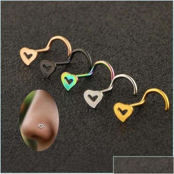 Anneaux de nez Studs Fashion en acier inoxydable Forme de coeur Mticolor Hooks Piercing Percings Percings Bijoux Drop Livraison Dhsaq