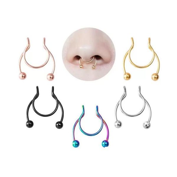 Anillos de nariz Studs Anillo de nariz Fake Septum Piercing Clip de acero inoxidable Anillos de aro Stud de oro Y para mujeres Joyería corporal no perforada Whol DHBYW