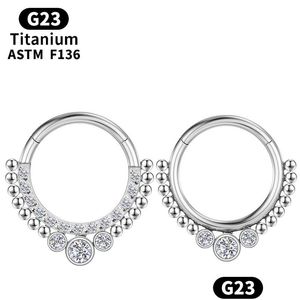 Anneaux de nez étalons Piercing Septum Titanium Cartilage Tragus G23 Ring Y Industrial Zircon Moucles d'oreilles Clicker Région de charnière Femme Body Jewe Otdlr