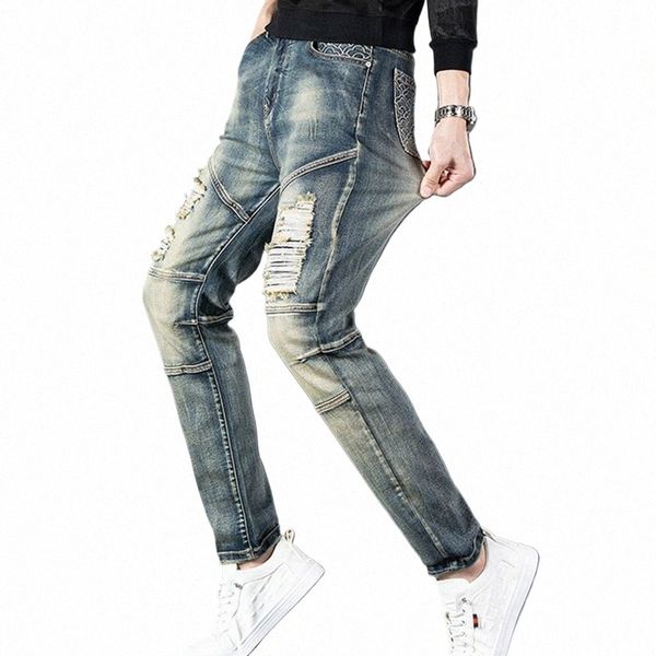 Nostalgique Blue Jeans Denim Hommes Stretch Slim Straight Regular Fit Pantalon décontracté Marque Party Hip Hop Pantalon Fi H6hX #