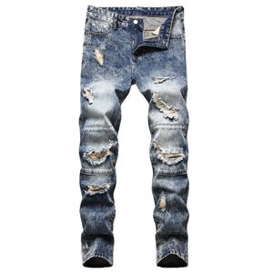 Nostalgisch gescheurde gat jeans lente zomer heren noodlijdende motorbrood mode slanke denim katoenen broek maat 28-42 pantalones