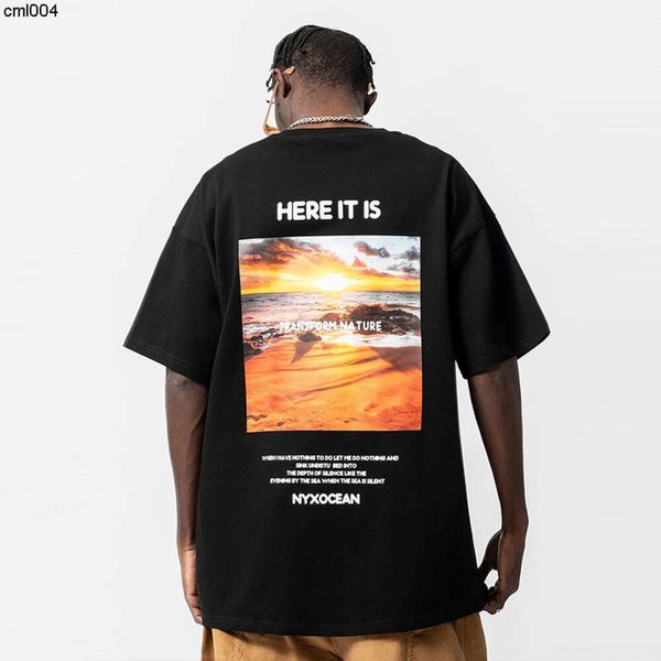 Nostalgic Street Camiseta de manga corta para hombre con estampado de paisaje de playa y atardecer, camiseta holgada de algodón unisex, pequeña y popular {categoría}