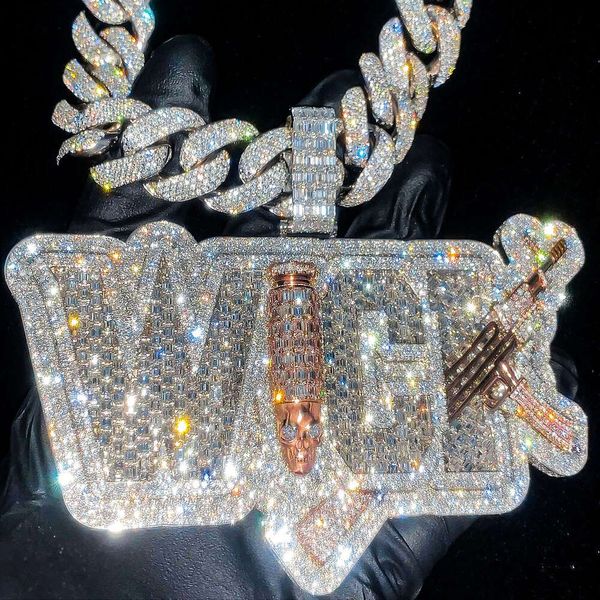 No se descolora Hip Hop 18k chapado en oro cadena helada joyería colgante nombre letra Vvs Moissanite diamante Baguette hombres
