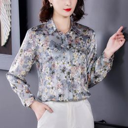 Notes de carnet 2023 Spring Vintage Florla Natural Silk Satin Tops et chemisiers Casual Office Lady Print Shirt Elegant Bodycon Blouses