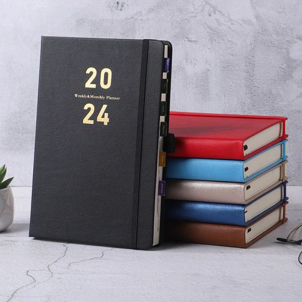 Cuadernos A5 engrosado 2024 Libro de horario de inglés PU Diseño de correa de superficie dura Manual de eficiencia diaria Manual de oficinas de negocios