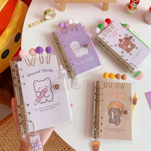 Portátiles A6 Manual de bricolaje Planificador Binder Diary Notebook con Papel Paper Clip Kawaii Bear Lamb Sketchbook Papelería coreana