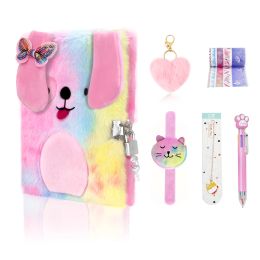 Notebooks Cartoon Diary Notebooks For Girl Children Plush Dog Secret Diary with Lock en Key Notepad Memo Pads Student Stationery Gift Set