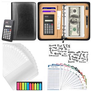Kuitbiemen A6/A5 Business Pu Leather Folder Padfolio Budget Binder Cash Envelope Organizer met Clear Zipper Budget Sheets with Calculator 230525