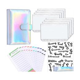 Blocs de notas A6 Glitter Pu Carpeta de cuero Sistema de organizador de planificador de sobres de presupuesto con bolsillos con cremallera transparente Hojas de gastos Drop Deliver Dhfrs