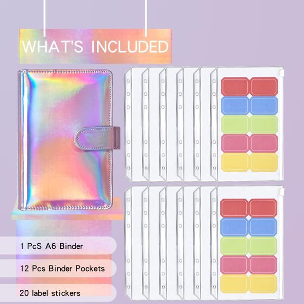 Bloc-notes Binder Budget Planner Couvertures de cahier rechargeables avec 12pcs 6 trous Poches Fermeture à glissière en PVC Enveloppe d'économie d'argent BudgetNotepads