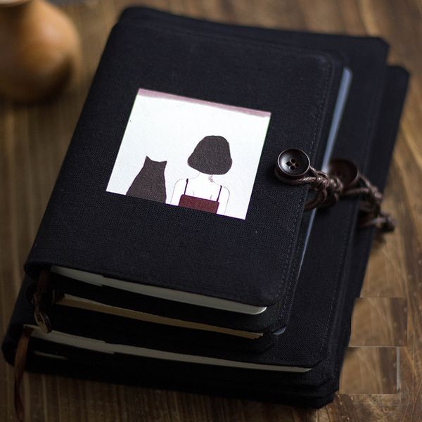 Bloc-notes Creative Girl Cat Journal Notebook Couverture en tissu de coton noir Feuilles mobiles A5 / A6 Binder Diary 6 Ring Planners Notepad Girl Gifts 230515
