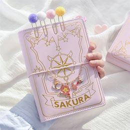 Kladblokken Leuke roze Sakura anime losblad Dagboek Notitieboekje kleurrijke pagina's spiraalvormige 6 holes binder journals planners stationery set 220927
