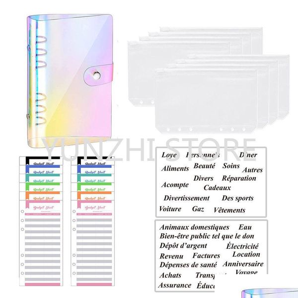 Bloc-notes en gros de PVC Budget Bondage Cash Enveloppe Organizer A6 Planificateur de carnet 2PCS Autocollants de lettre française 8PCS Zipper Pocket Direc Dht6y