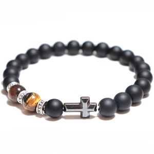 Noter Mode Mannen Armbanden Klassiek Kruis Braslet Gebed Kralen Natuurlijke Kaart Lava Tiger Eye Braclet Stone Tibetaanse Wortalete