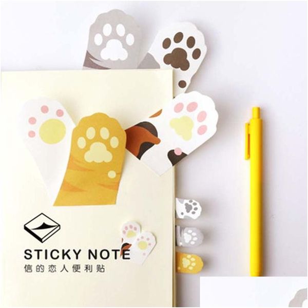 Notes en gros en gros - 6 pièces / lot Meow Kawaii Cat Claw Sticky Notes Autocollant adhésif Post Memo Pad Papeterie Accessoires de bureau Sc Otczi